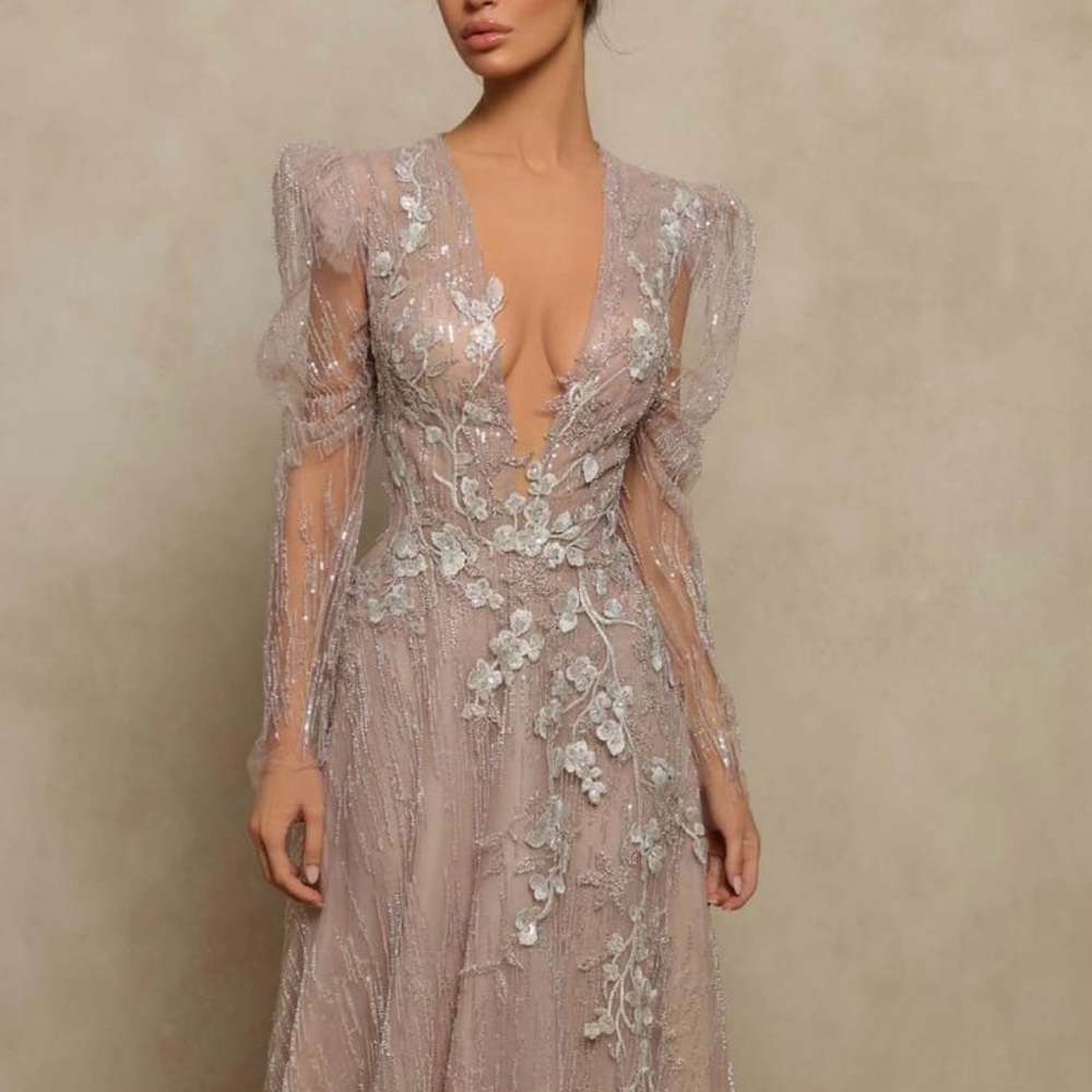 Tarik Ediz Sheer Floral Embroidered Gown; Originally Size 12; Fits to Size 6